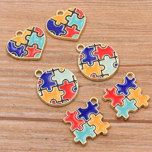 6Pcs 3 Styles Alloy Metal Drop Oil Heart Round Square Charms KC Gold Autism Charms For DIY Bracelet Necklace Jewelry Making
