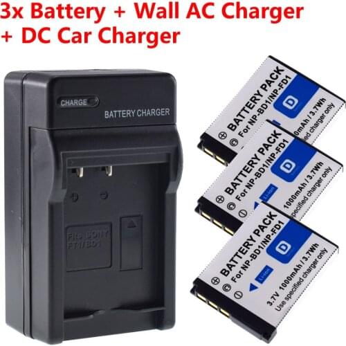 3x NP-BD1 FD1 Battery + Home&Car Charger for Sony CyberShot DSC-T700 T77 T90 T900 TX1