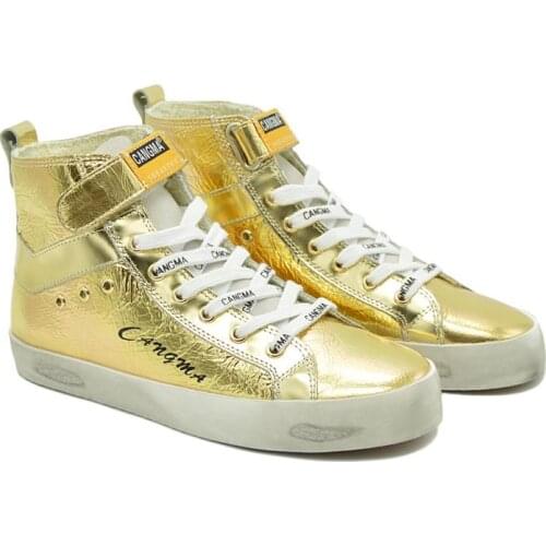 CANGMA Luxury Brand Designer Golden Shoes Women Patent Genuine Leather High Top Sneakers for Girls Female Casual Shoes 2021