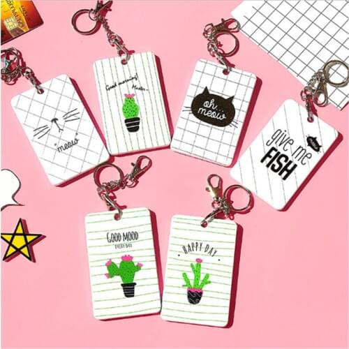ISKYBOB Cartoon Cactus Cat Credit Card Cover Keyring Sleeve Set Bus Office ID Card Holder with Key Chain Card Key Bag