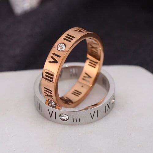 Rose gold titanium steel hollow Roman numerals Ring for woman with stone for man female