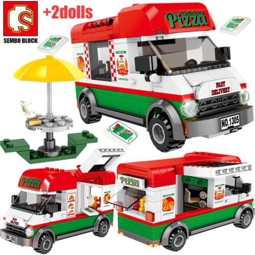 SEMBO City Creative Pizza Takeaway Car Building Blocks Street View Sanitation Cleaning Vehicle Figures Bricks Toys for Kid