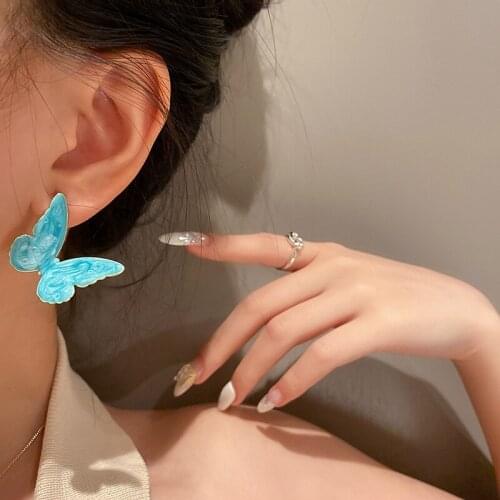 Korean Fashion Elegant Enamel Metal Butterfly Stud Earrings for Women Vintage Geometric Big Earrings Statement Jewelry