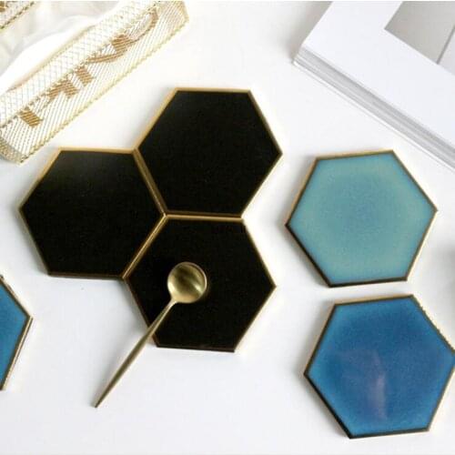 Ceramics Coaster Gold Plating Cup Pad Mat Suede Backside Candle Holder Bowl Mat Coffee Tea Cup Drink Coasters Hexagon 1pc