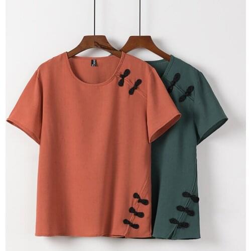 Summer T-Shirt Women Clothes Tees 2021 Casual Plus Size Tops Middle Aged Chinese Style Buttons Camiseta Mujer