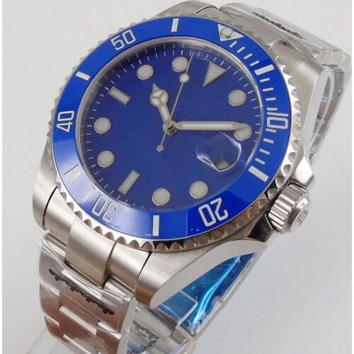 43mm Automatic Men Watch 24 Jewels NH35 MIYOTA 8215 Date Brushed Oyster Strap Blue Insert transparent back