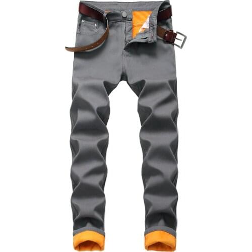 Mens Winter Thermal Warm Plus Fleece Jeans Quality Denim Pants Straight Flocking Slim Fit Trousers Jeans para hombre 42