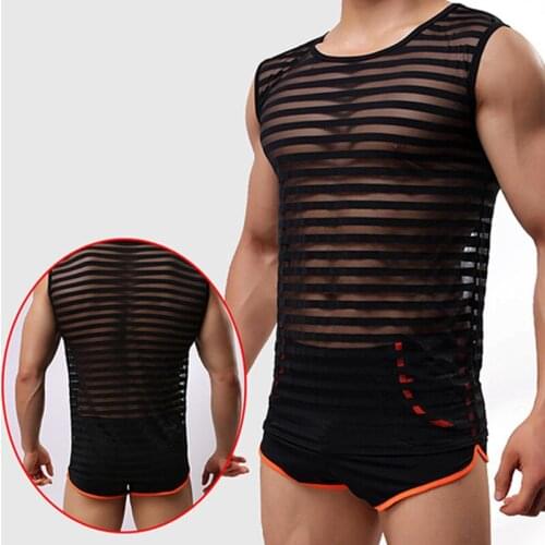 Men Undershirt Sexy See Through Gay Tank Tops Underwear Stripe Transparent Mesh Shirts Undershirts Tank Tops Regata Masculina