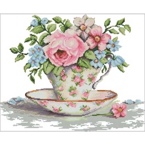 Blooming flower in teacup patterns counted 11CT 14CT 18CT DIY Cross Stitch Sets Chinese Cross-stitch Kits Embroidery Needlework