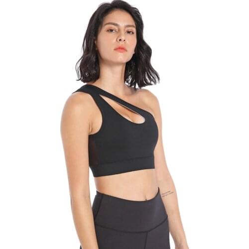 Summer New One-Shoulder Sports Fitness Bra Womens Yoga Gathering Shockproof Beauty Back Net Yarn Patchwork Running Training bra