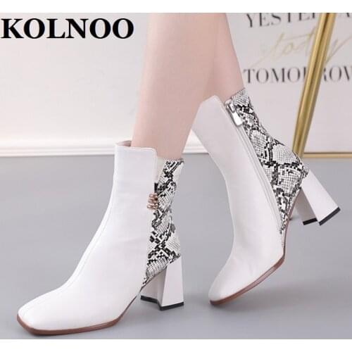 KOLNOO New Arrival Handmade Ladies Chunky Heeled Boots Two-Tones Faux-Snake Leather Party Ankle Booties Evening Fashion Shoes
