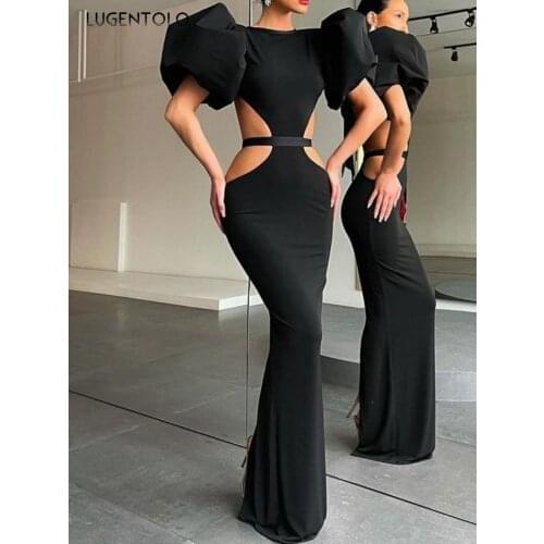 Party Dress Women Sexy Puff Sleeve Backless Black Slim Dresses Female Casual Lace-up Elegant Dinner Long Pencil Dress Lugentolo