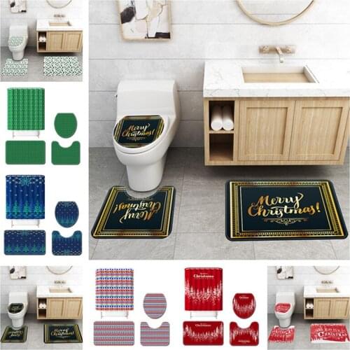 Christmas Toilet Cover Seat Non-Slip Soft Toilet Cover Bath Mat Bathroom Accessories Kitchen Carpet Doormats Home Decor 4pcs Set