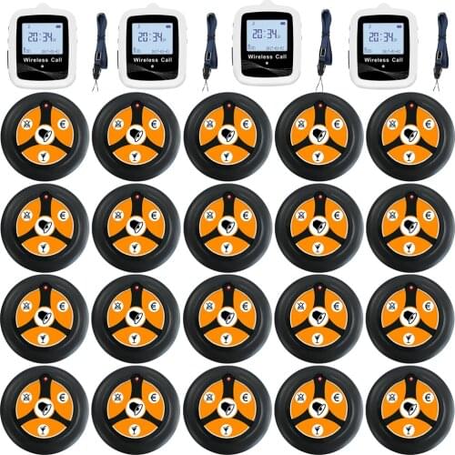 JINGLE BELLS Wireless Restaurant Calling System 20 Call Button 4 Watch Receiver for Hospital Cafe, Bar Hotel Call Bell Pager