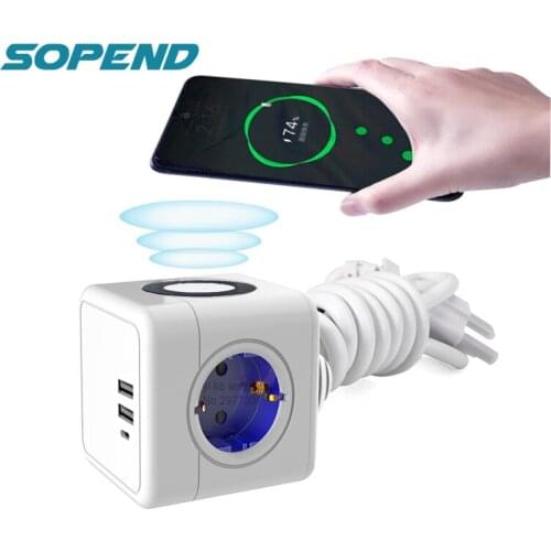 Sopend Power Strip 1.5m Extension with 15W Phone Wireless Charger 5V 4A USB Type-C Port Powercube Eu Plug Outlet Desktop Socket