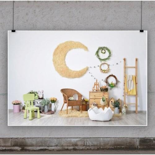 Moon Ornaments and Garland Wooden Ladder Backdrops Photo Vinyl Background Decorations for Kids Birthday Party Photography Props