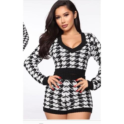 Top Quality Womens Sets Long Sleeve V-Neck Tops With Short Pant Jacquard Skinny Bandage Female Night Party Sets