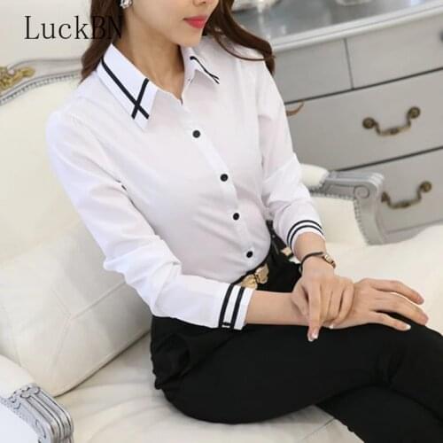 Womens OL Work Wear White Blue Blouse Plus Size Long Sleeve Turn-down Collar Formal Elegant Female Shirt Ladies Tops School
