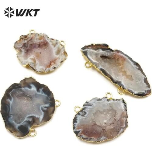 WT-P1490 Natural Stone Pendant Random Shape Geode A gate with Gold Electroplated double hook Fashion Woman Stone Pendant