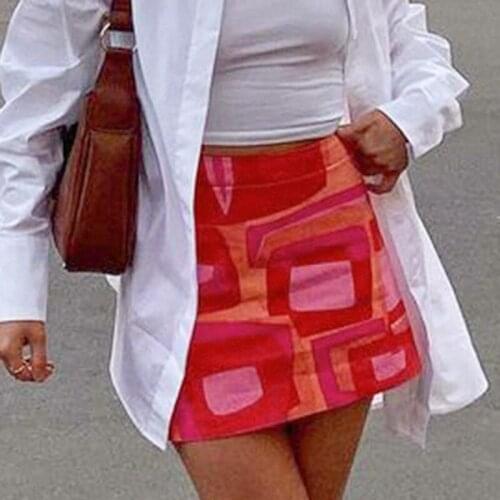 Women Red Patchwork Printed Pencil Skirt 2021 Summer High Waist Office Lady Casual Skirt Female Side Zipper Short Mini Skirt
