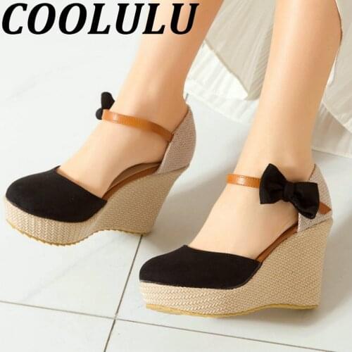 COOLULU 2021 Women Wedges Heel Platform Pumps Bow Pumps Shoes High Heels Ankle Strap Casual Slingback Pumps Heels Size 34-43