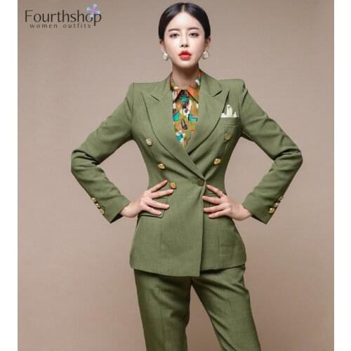 Women 2 Piece Set Fashion Double-breasted Blazer Set Slim Business Jacket Pant Office Lady Work Pant Suits Female 2020 Spring