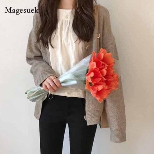 2020 Winter Cardigan Single Breasted Harajuku Style Knit V-Neck Solid Sweater Women Loose Korean Style Core-spun Sweater 10980