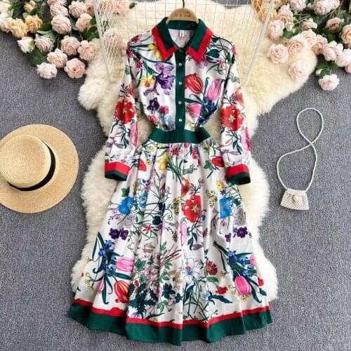 Banulin 2021 Spring Autumn Fashion Runway Shirt Dress Womens Long Sleeve Elegant Floral Stripe Print OL Pleated Midi Dress