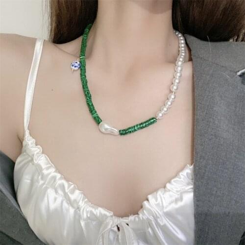 VSnow Exaggerated Asymmetric Turquoise Beaded Simulation Pearl Chokers Necklace for Women Bohemian Ceramics Necklace Jewellery