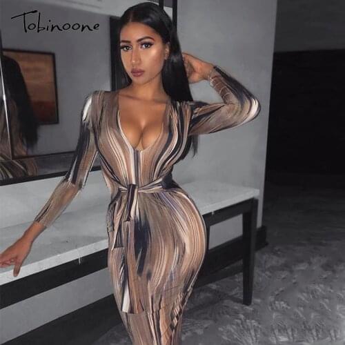 Tobinoone Tie Dye Belt Deep V Neck Midi Dress Women Long Sleeve Print Sexy Bodycon Dresses Spring Autumn Sheath Party Vestidos