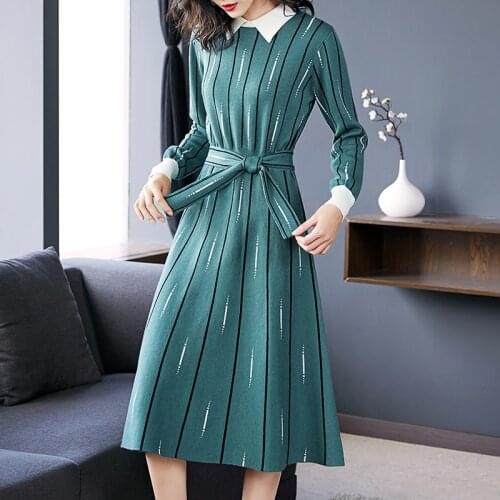 2021 Autumn Office Lady Casual Striped Knit Warm Wool Sweater Dress Winter Print Plus Size Vintage Bodycon Elegant Long Sweaters