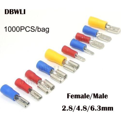1000pcs FDD2-250 Female Insulated Electrical Crimp Terminal for 1.5-2.5mm2 Connectors Cable Wire Connector FDD1.25-250 MDD2-250