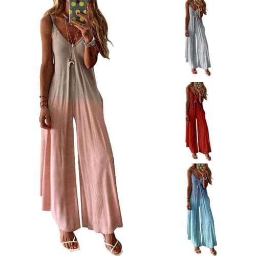 2021 Women Boho Casual Loose Jumpsuits Summer Spaghetti Strap V-Neck Wide leg Long Jumpsuit Female Beach rompers Overall Outfit
