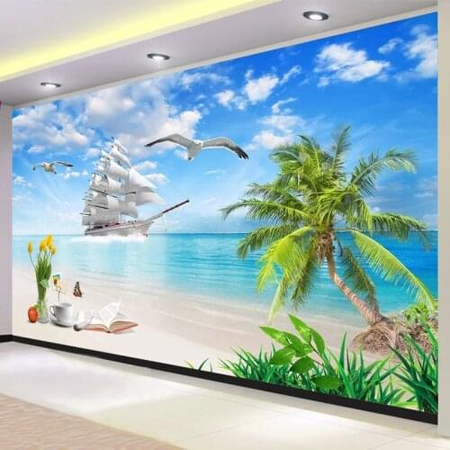Custom Photo 3D Beach Poster Wall Painting Wallpaper Sailboat Coconut Tree Seascape Living Room Bedroom Restaurant Mural Pared
