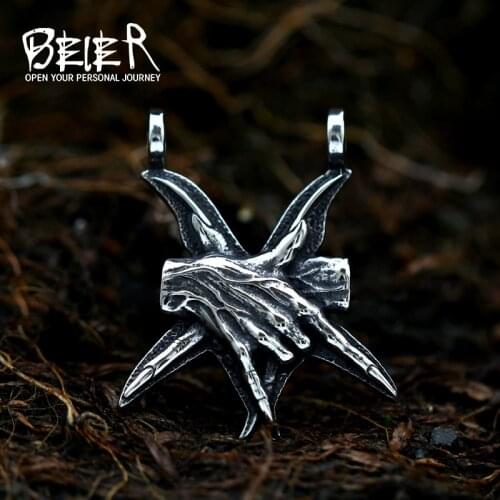 BEIER Stainless steel punk rock accessories fashion hip hop skull guitar victory gesture instrument necklace pendant BP8-344