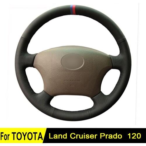 Steering Wheel Cover For Old Toyota Land Cruiser Prado 120 Hand-stitched Black Genuine Leather Non-slip Four Seasons