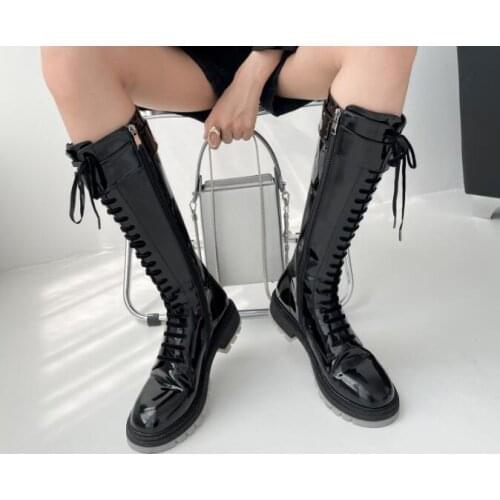 Black Patent Leather Cross Lace Up Front 3 cm Med Heels Knee High Boots Woman Round Toe Casual Long Knight Boots Drop Shipping