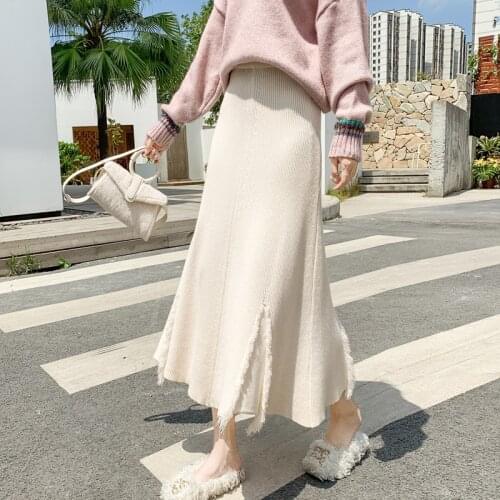 Long Skirts for Women Korean Knitting High-waisted Skirt Midi Skirt Hole Thin Autumn Winter Fashion Loose Skirts Womens 2021