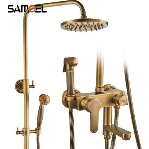 Europe Style Classic Antique Copper Shower Faucet Set Brass Multifunctional Rainfall Bath Shower Mixer Taps With Bidet ST339
