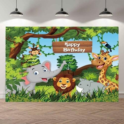 NeoBack Safari Lion Elephant Giraffe Monkey Happy Birthday Party Banner Baby Family Shoot Photo Background Studio Backdrop