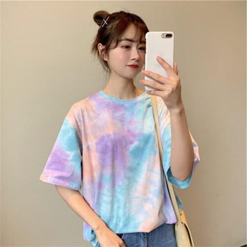 Tie Dye Gradient Printed T-shirts Summer Women Korean Style O-Neck Short Sleeve Loose Tee Tops WDC7294