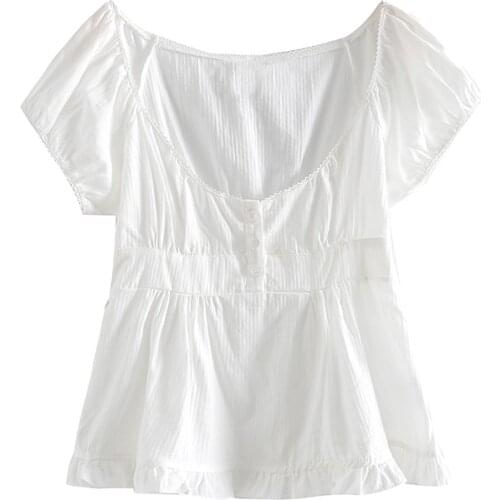 Sweet Women Soft Cotton V Neck T-shirt 2021 Summer Fashion College Style Cute T-shirt Female Solid Color Draw Back T-shirt