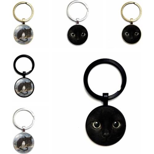 Personality DIY Handmade Glass Cabochon Night Sky Cute Cat Pendant Keychain Children Girl Birthday Gift Jewelry