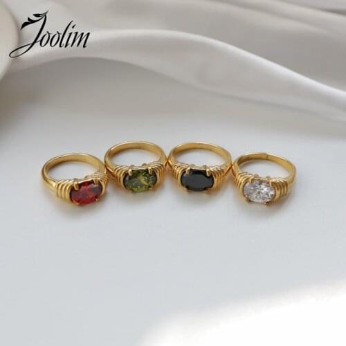 Joolim High End PVD Plated Stainless Steel Emerald Red White Black Stone Rings Vintage Crystal Stones Jewelry