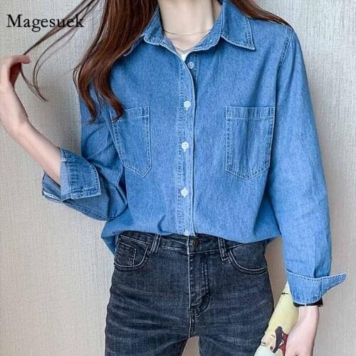 Cardigan Casual Solid Loose Ladies Clothing Blue Long Sleeve Shirts Women 2020 Autumn Denim Womens Blouse Blusas Mujer 11967