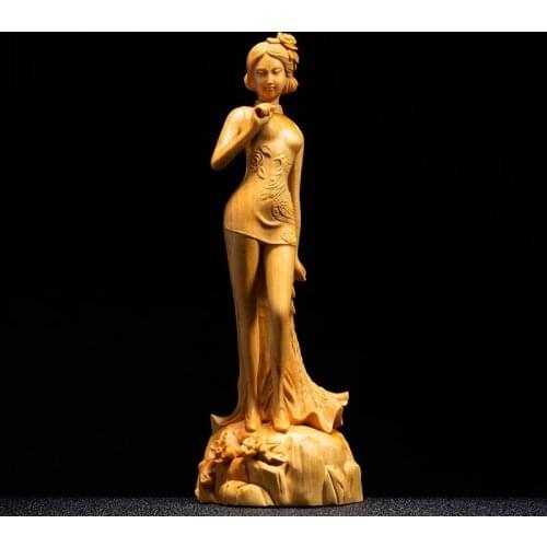 Classical Beauty Sculpture Chinese Style Cheongsam Beauty Decorations Boxwood Carving Home Decoration Solid Wood Living Room