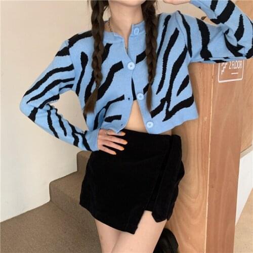 Korean Zebra Striped Knitted Cardigans Women 2021 New Autumn Long Sleeve Sweater Jacket Cute Fitness Crop Tops Woman