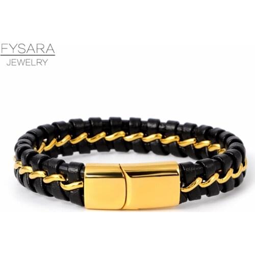 FYSARA Fashion Black Braid Rope Genuine Leather Bracelet Stainless Steel Gold Silver Color Wrap Charm Magnet Bracelet Men Punk