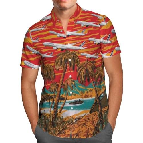 Plane Print Short Sleeve Shirts For Men Loose Cardigan Button Shirts Plus Size Hawaiian Style Summer 2021 Ventilated Shirt AW-11