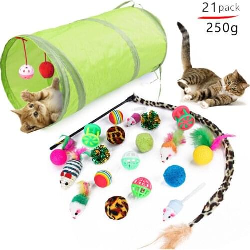 21pcs Cat Kitten Toys Set Collapsible Cat Tunnels for Interactive Cat Feather Toy Fluffy Mouse Crinkle Balls Toys Set